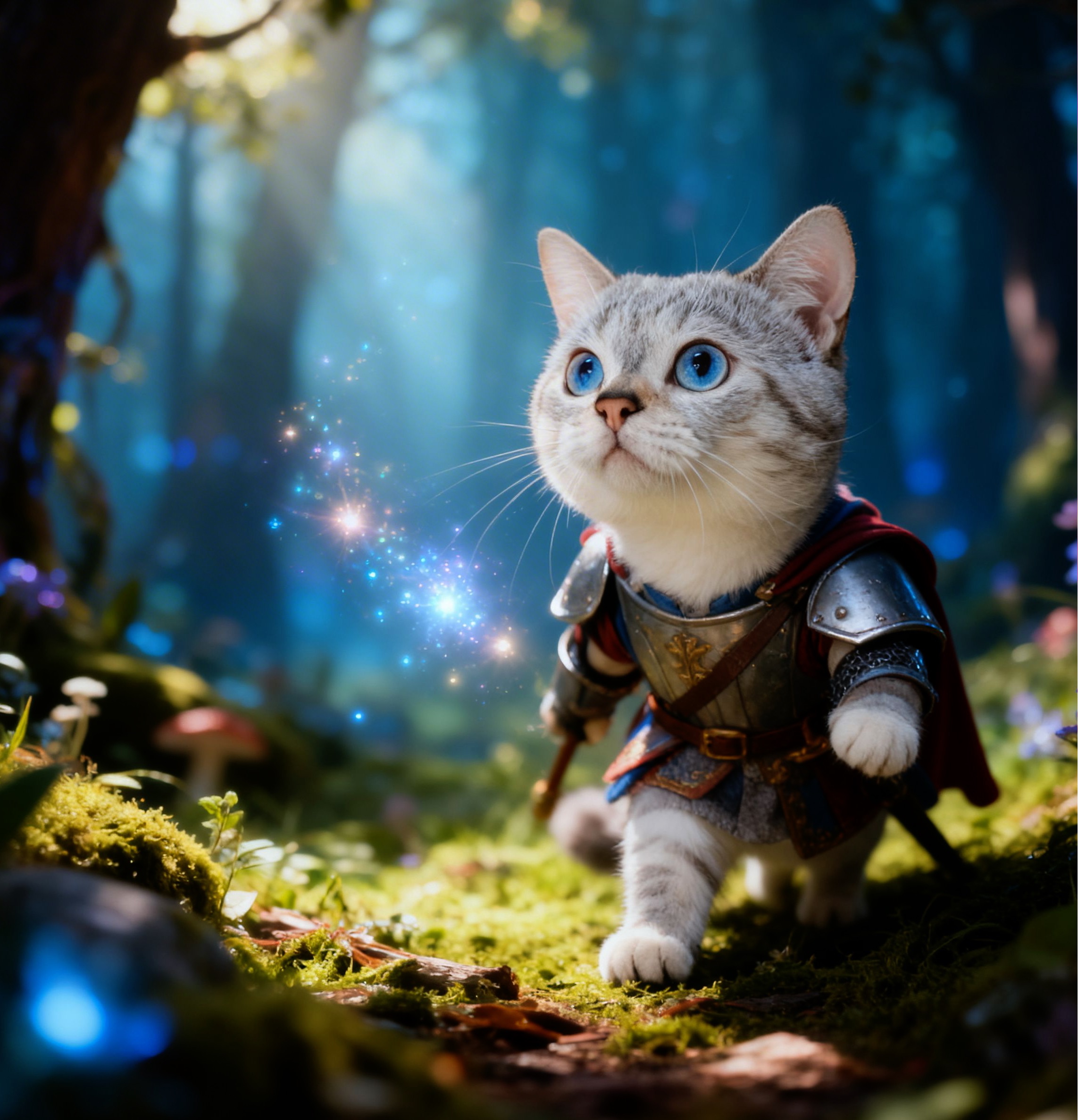 Retain the pet's breed and facial features, generate this pet adventuring in a fantasy forest, cute knight outfit, magical light, fairy tale style, hyperrealistic