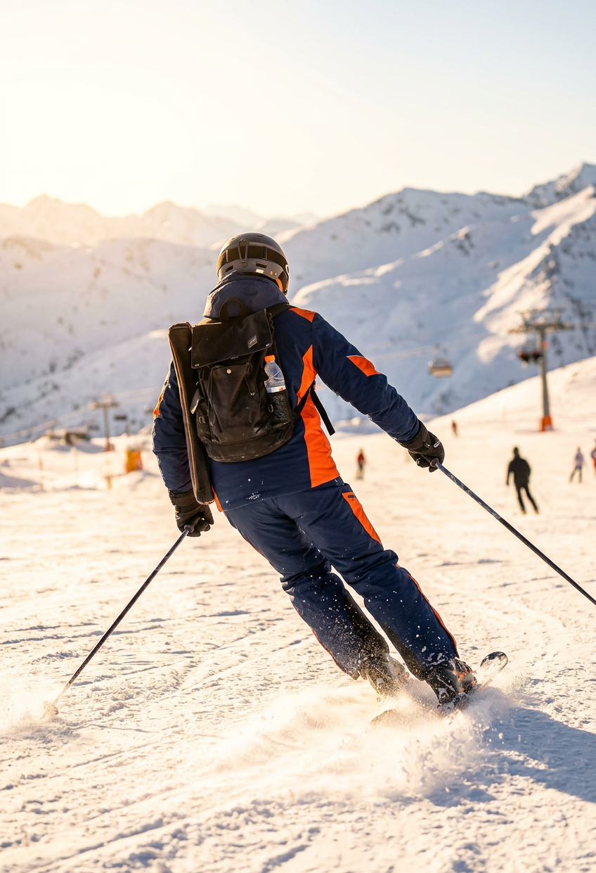 Retain original person's features, cool back view skiing on snowy mountain, professional ski suit, dynamic, warm sun
