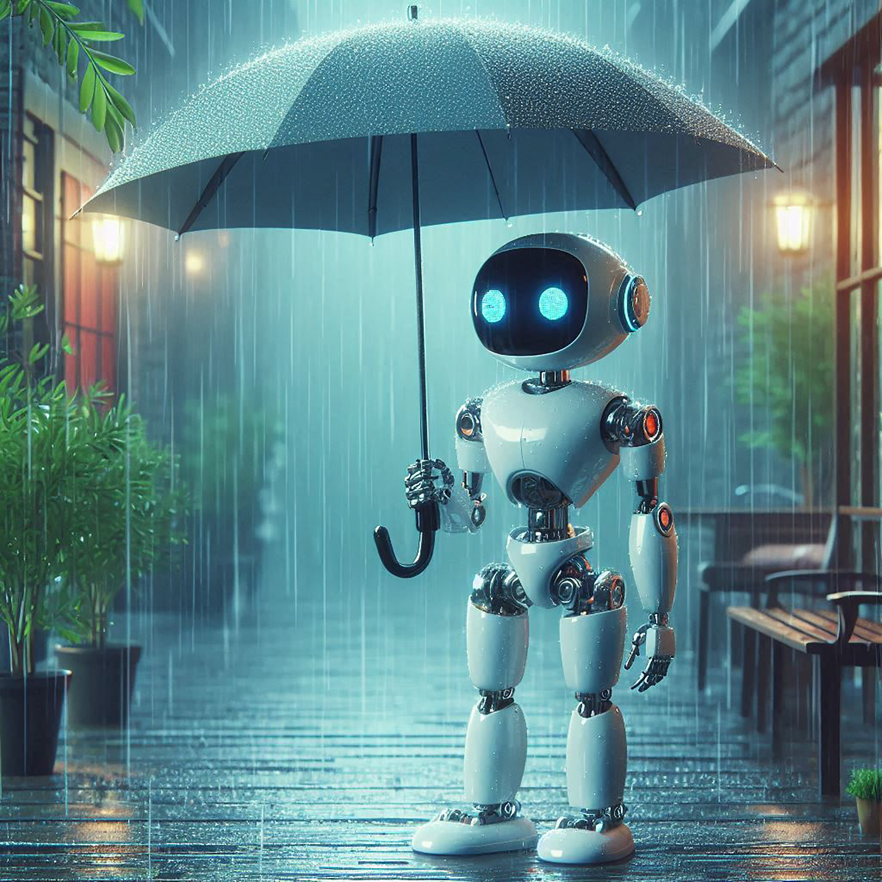 A cute white robot with glowing blue eyes, holding a transparent umbrella, dancing gracefully in the rain on a wet city alley at night, raindrops splashing on the umbrella and robot, warm street lights, cinematic cyberpunk style, hyperrealistic, detailed metal texture, rain streaks, bokeh background