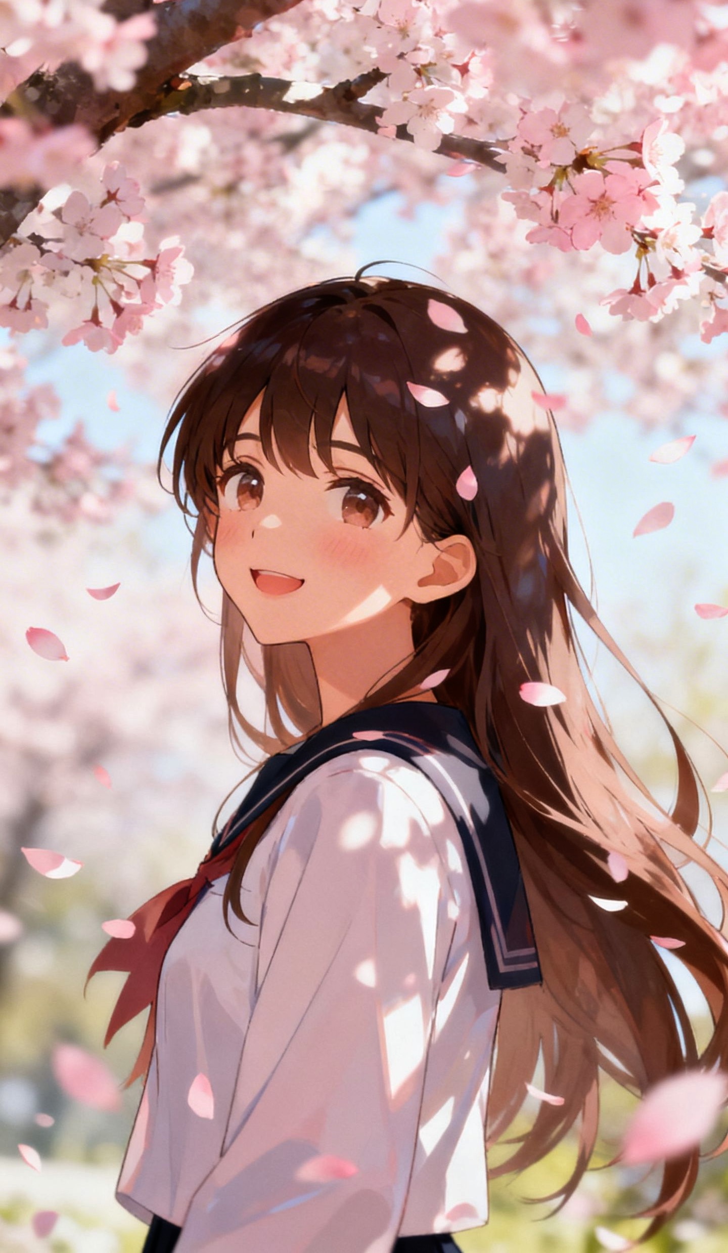 Japanese anime girl, under cherry blossom tree, falling petals, gentle smile, fresh style