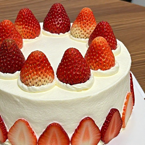 Close-up of strawberry cream cake, fresh strawberries, smooth cream, wooden table, warm light, hyperrealistic, detailed