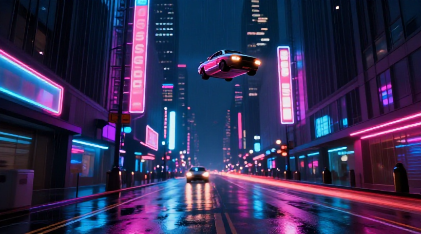 Cyberpunk city street at night, neon lights, rain-soaked pavement, flying cars, cinematic