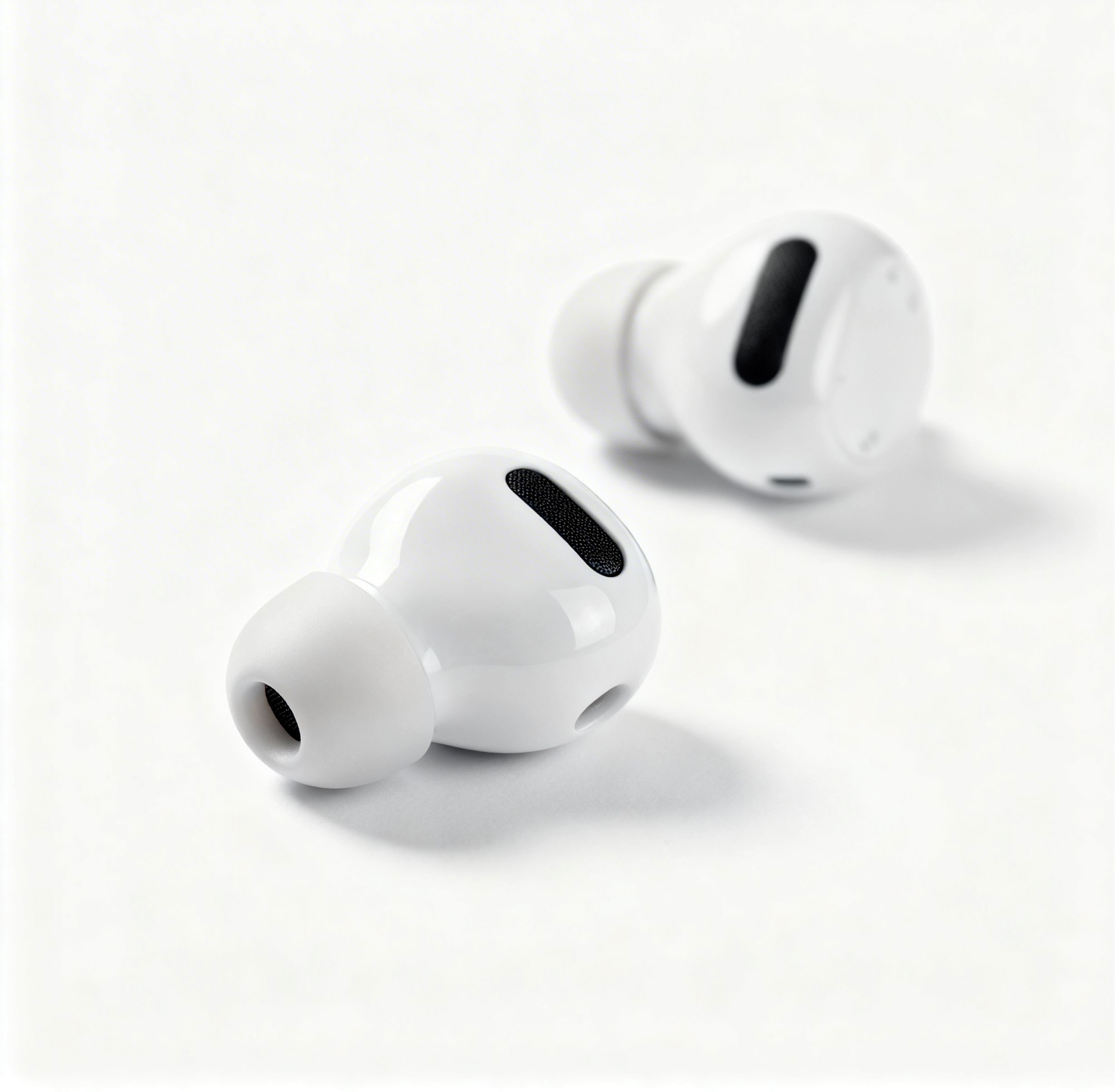 White wireless earbuds, minimalist white background, product close-up, studio soft light, hyperrealistic