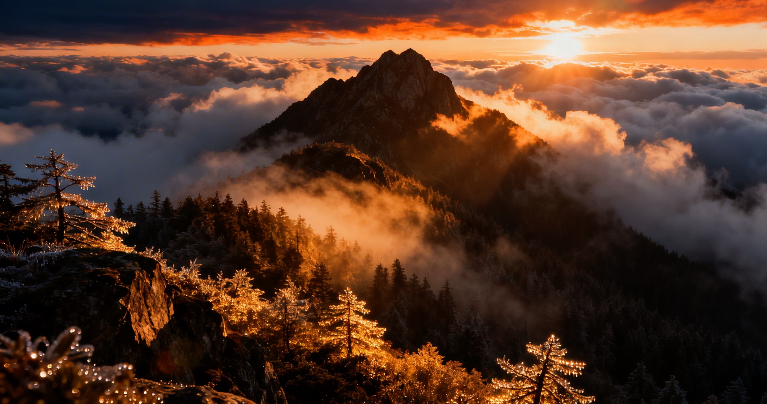 Mountain sea of clouds at sunrise, golden sunlight through clouds, misty forest, hyperrealistic, cinematic