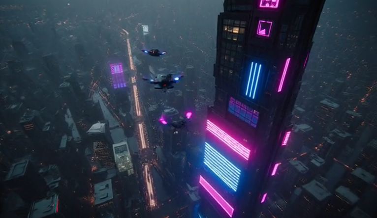 A cinematic drone shot flying through a futuristic cyberpunk city at night, neon signs reflecting on wet streets, flying cars weaving between skyscrapers, heavy rain, hyper-realistic
