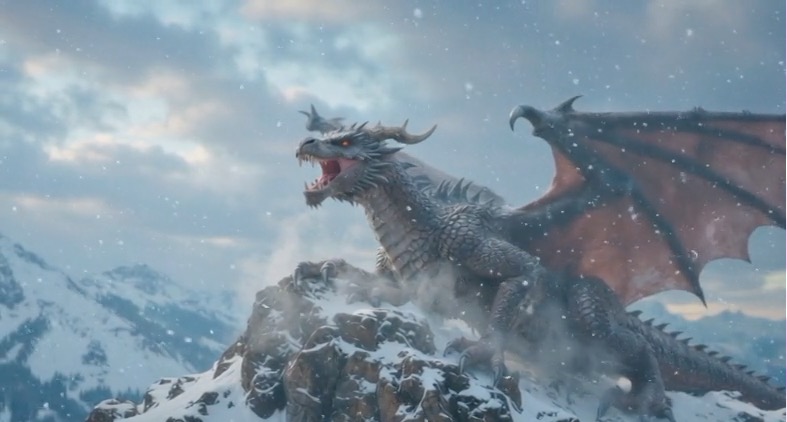 A massive ancient dragon resting on a snowy mountain peak, breathing out soft smoke, snowflakes falling gently, majestic clouds, wide landscape shot, Lord of the Rings aesthetic
