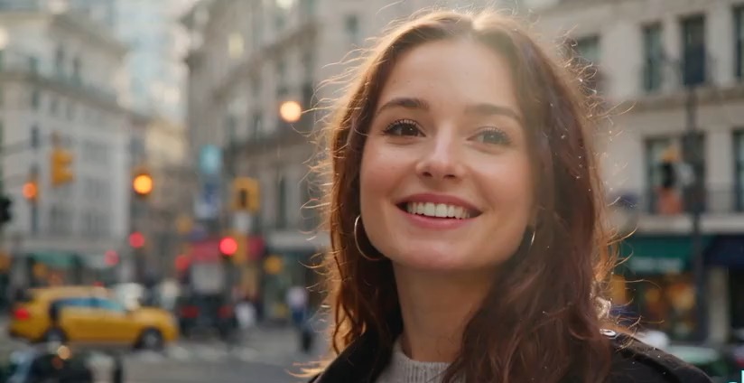 A young woman standing in a busy New York street, looking into the camera and smiling gently, hair blowing in the wind, cinematic bokeh, realistic skin texture, sunset lighting.