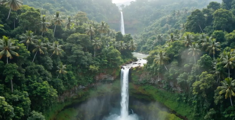 A magnificent waterfall hidden in a lush tropical jungle, mist rising from the bottom, tropical birds flying across the frame, sunlight piercing through the canopy.